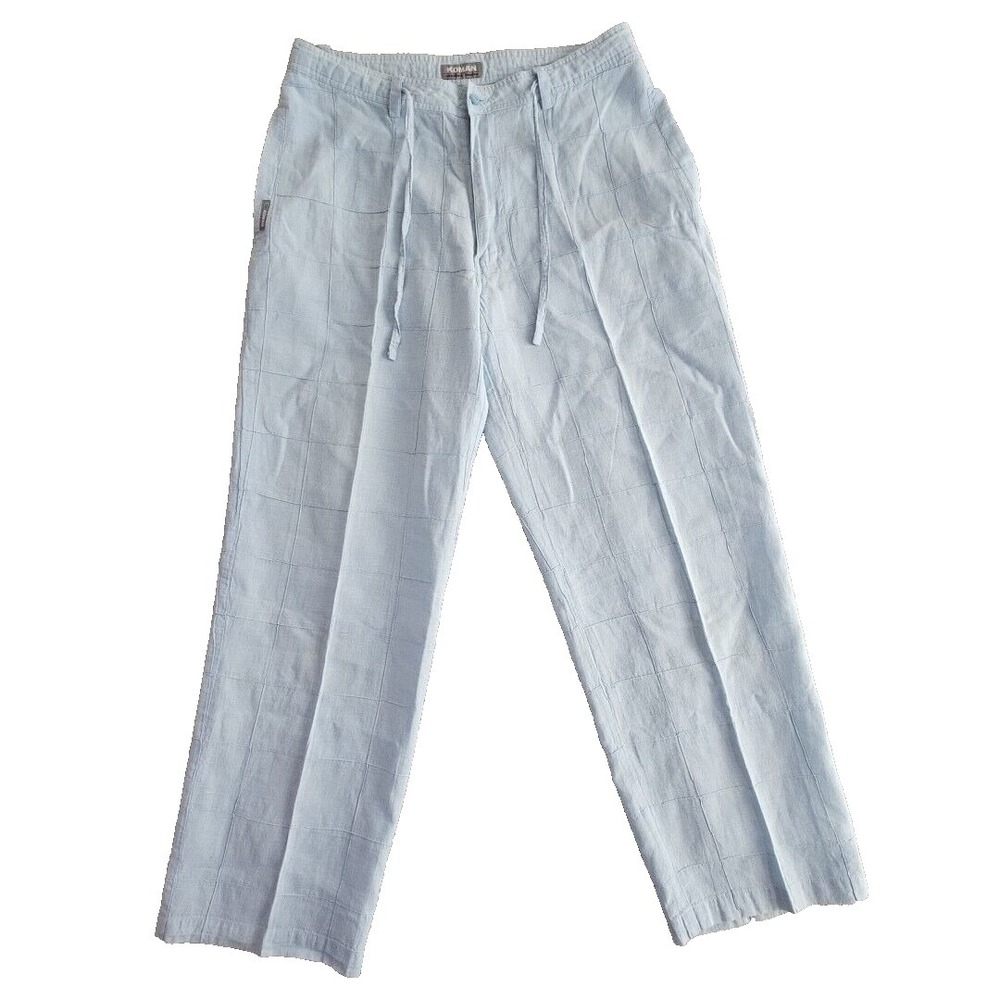 Koman Modern Basics Linen Blend Pants Women's Size XL Blue Windowpane Drawstring